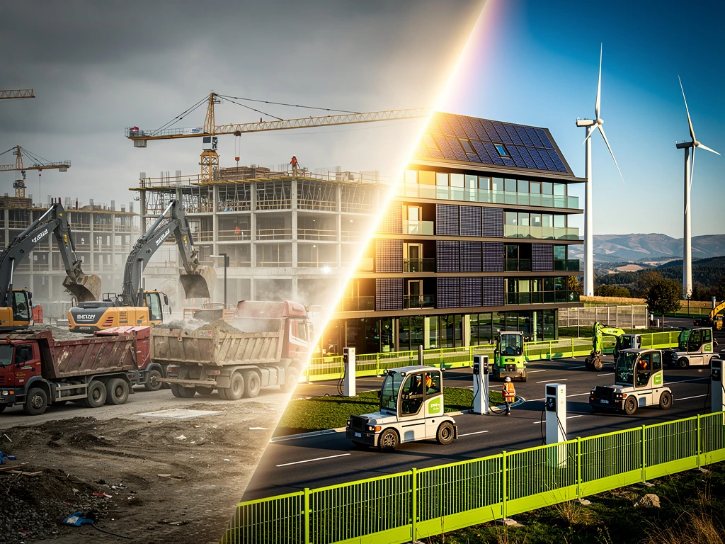 Bouwsector energietransitie: traditionele dieselmachines links, duurzame bouw met zonnepanelen en elektrische voertuigen rechts