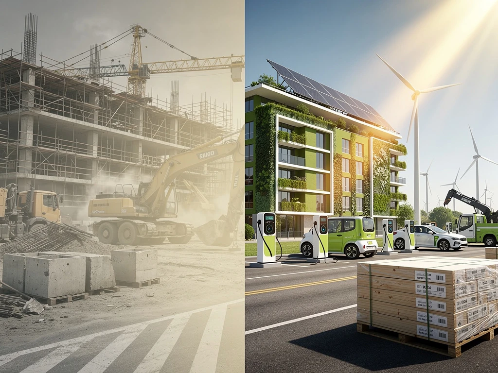 Vergelijking traditionele grijze betonbouw versus duurzame groene gebouwen met zonnepanelen en elektrische voertuigen