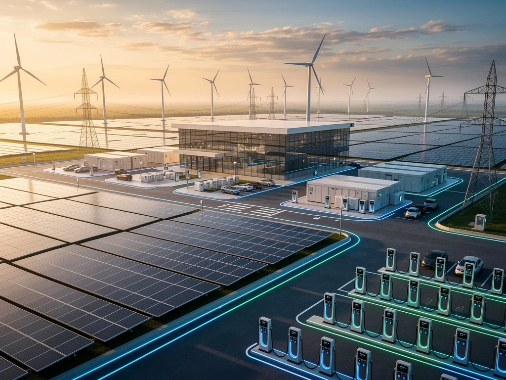 Luchtfoto van moderne duurzame energiecentrale met zonnepanelen, windturbines en laadstations tijdens gouden uur