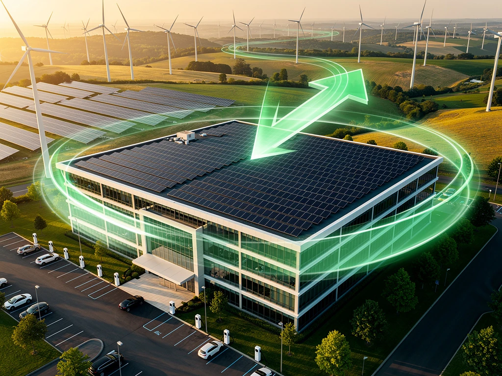 Moderne kantoorgebouw met zonnepanelen en laadstations, verbonden door energiestromen met windmolens en zonneparken