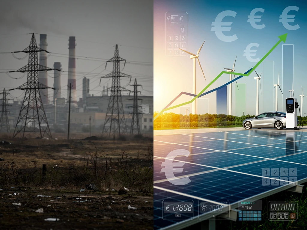 Gesplitst beeld toont contrast tussen grijze traditionele energie-infrastructuur en heldere duurzame energie met euro-symbolen