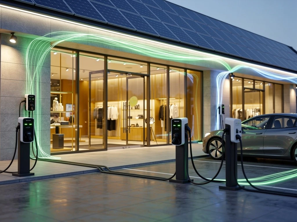 Moderne winkel met LED-verlichting, elektrische laadpalen en zonnepanelen verbonden door groene energiestromen