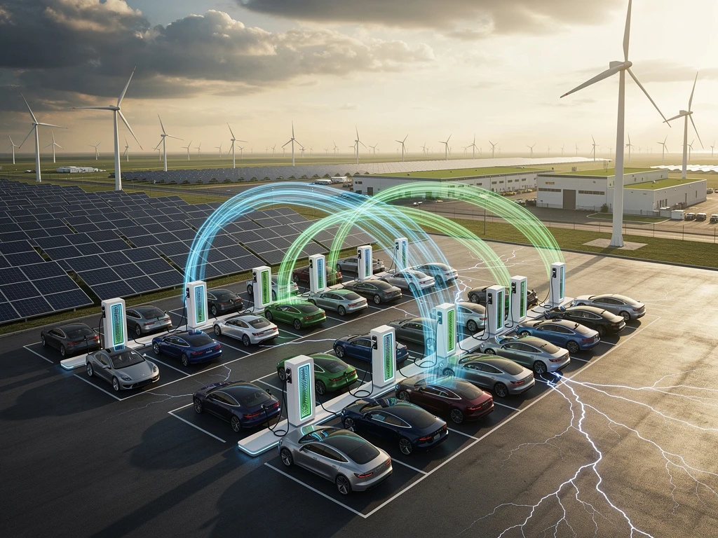 Moderne elektrische laadstations met zonnepanelen en windturbines tijdens gouden uur, blauwe energiestromen verbinden duurzame bronnen