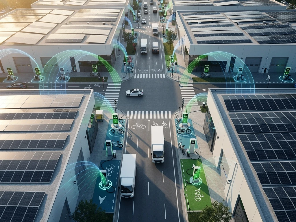 Luchtfoto van moderne stadskruising met elektrische bezorgvoertuigen, laadstations en zonnepanelen op daken