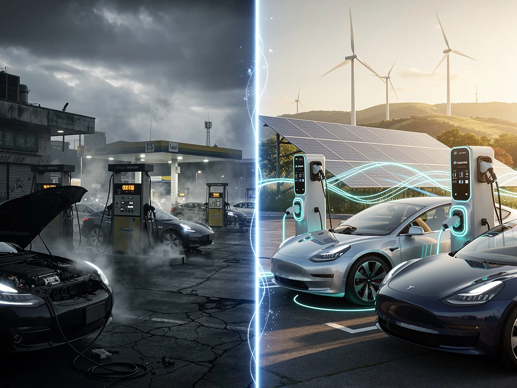 Split-screen vergelijking van fossiele brandstof infrastructuur links en schone elektrische mobiliteit met zonnepanelen rechts