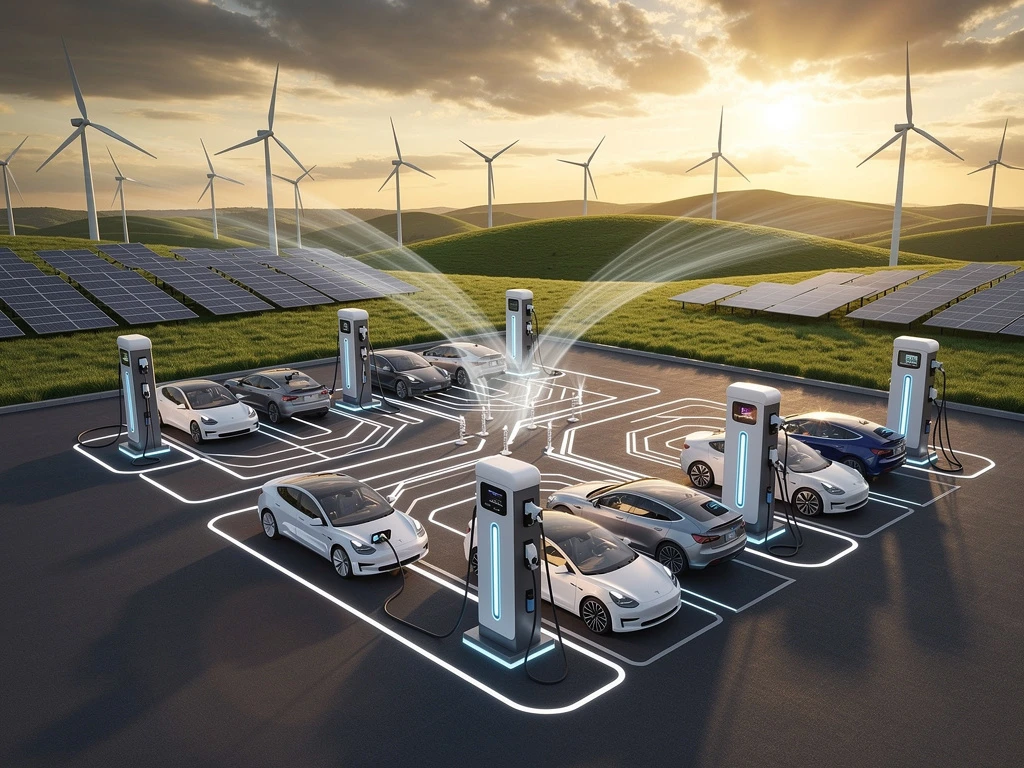 Luchtfoto van moderne elektrische laadstations met blauwe LED-verlichting op parkeerterrein met windmolens en zonnepanelen