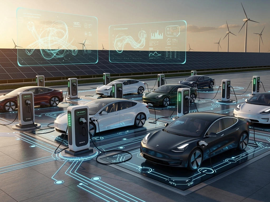 Moderne elektrische voertuigen laden bij slimme laadstations met blauwe energiepaden en zonnepanelen op achtergrond