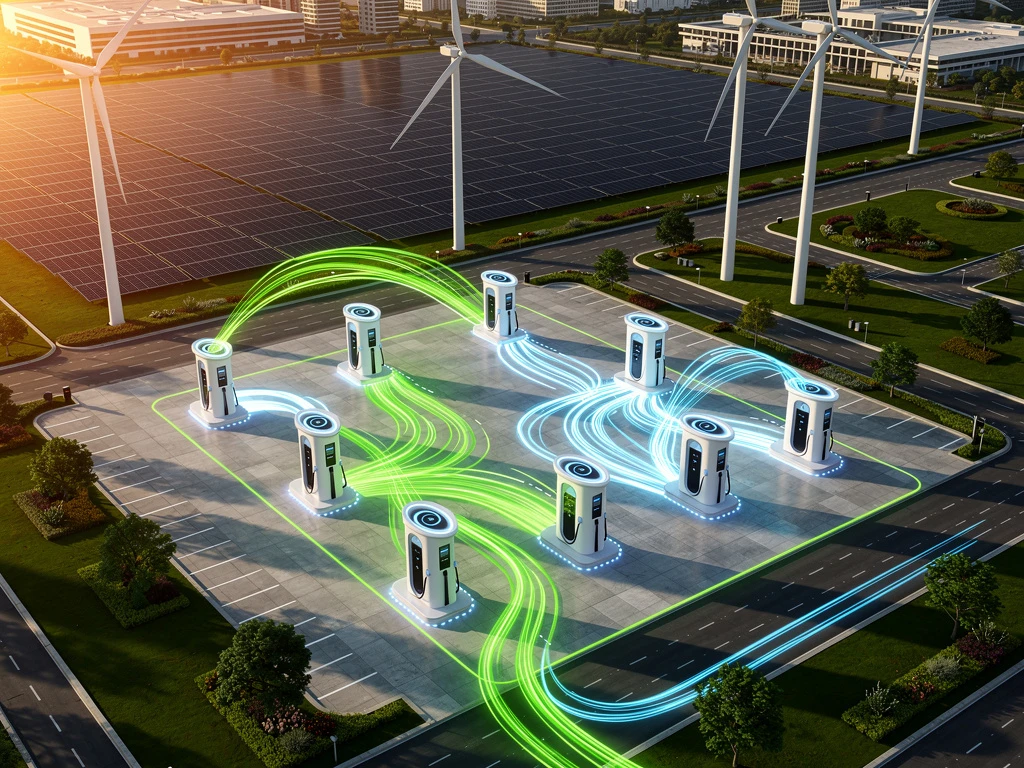 Moderne elektrische laadstation met zonnepanelen en windturbines, verbonden door lichtgevende energiepaden tijdens gouden uur