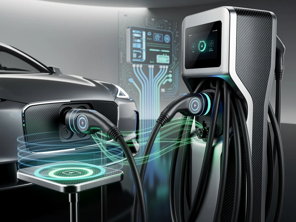 Moderne elektrische voertuig oplaadtechnologie met LED-indicatoren en draadloze oplaadstations in blauw en groen licht