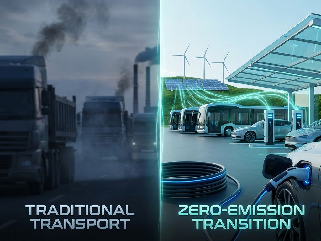 Overgang van vervuilende dieseltrucks naar elektrische voertuigen met oplaadstations en groene energie infrastructuur