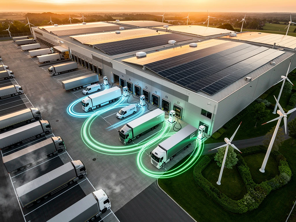 Luchtfoto van moderne logistieke hub met elektrische vrachtwagens aan oplaadstations, zonnepanelen en windturbines bij zonsondergang