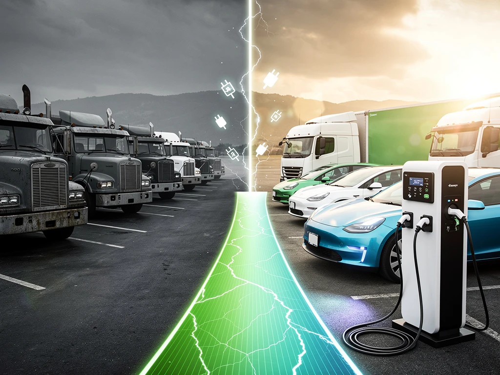 Traditionele dieseltrucks links overgaand naar elektrische voertuigen rechts met oplaadstations en energietransitie-pad
