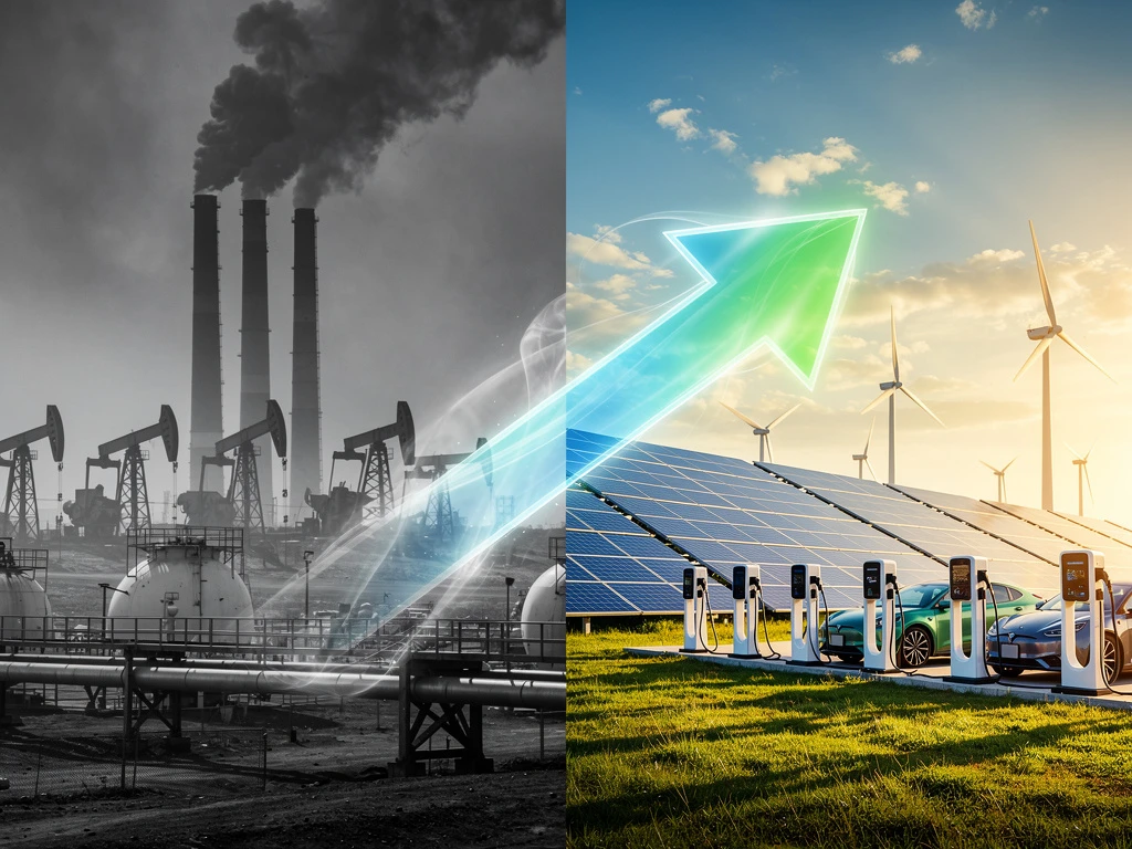 Energietransitie van fossiele brandstoffen naar duurzame energie met zonnepanelen, windturbines en elektrische laadstations