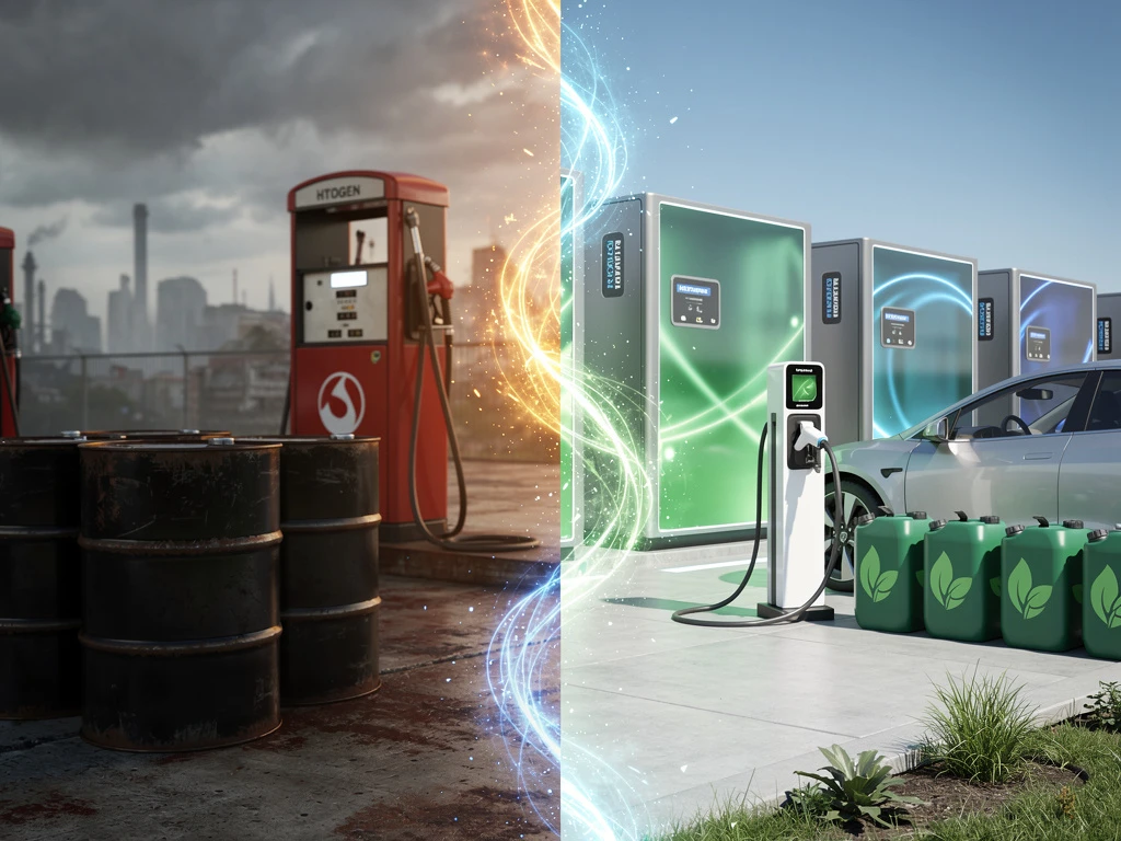 Gesplitst scherm toont overgang van fossiele brandstoffen naar schone energie met waterstofcellen en elektrische laadstations