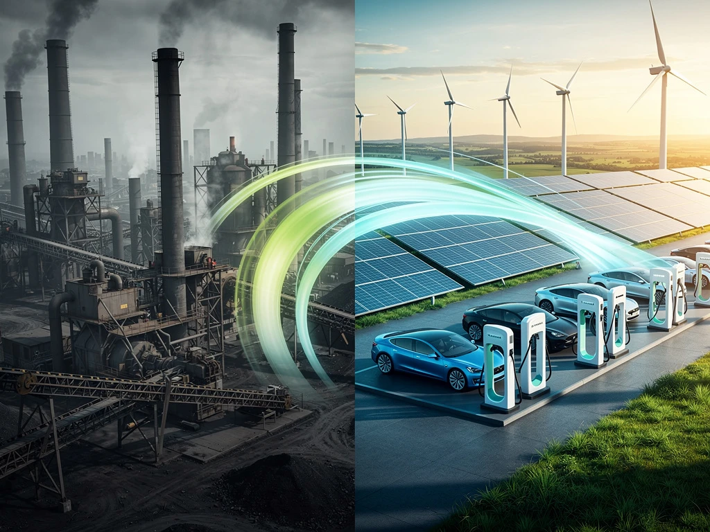 Industriële transformatie van grijze kolencentrales naar groene zonnepanelen en windturbines met gloeiende energiepaden