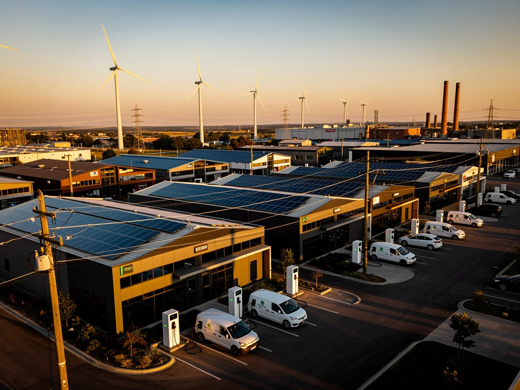 Luchtfoto van moderne industriewijk met zonnepanelen, windturbines en elektrische laadstations tijdens gouden uur