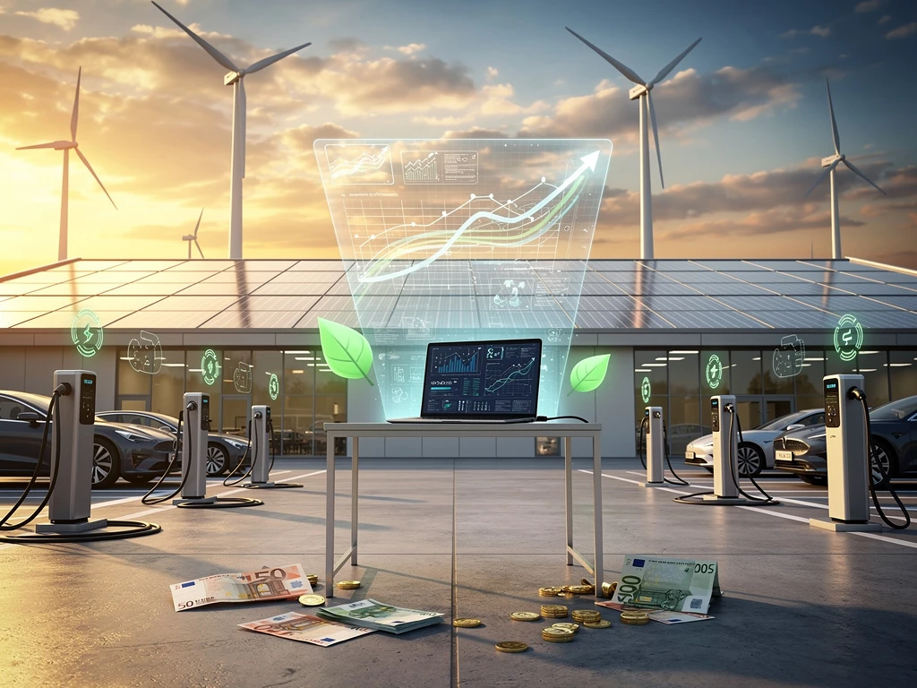 Moderne industriële faciliteit met zonnepanelen, laadstations voor elektrische voertuigen en hologram met energiegrafieken