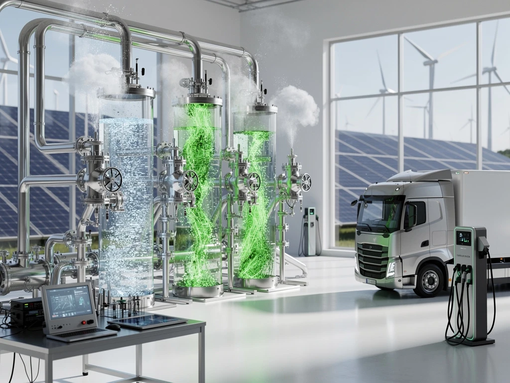 Groene waterstofproductie-installatie met elektrolyse-apparatuur, zonnepanelen en elektrische vrachtwagen in laboratorium