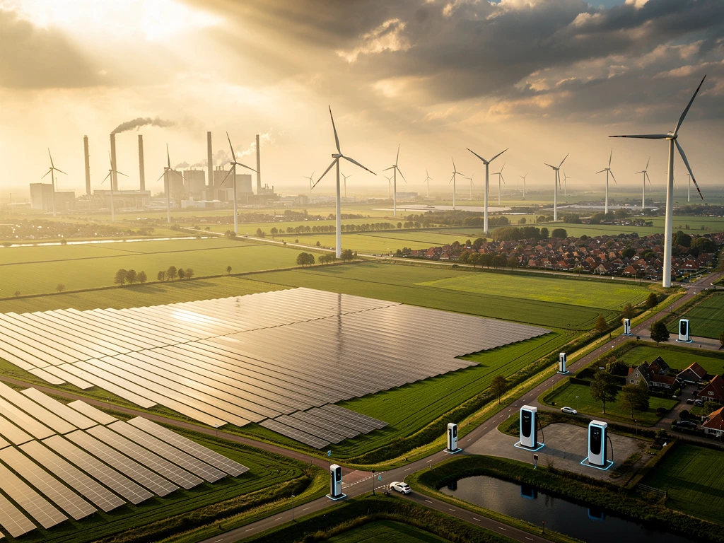 Luchtfoto van Nederlandse energietransitie met zonnepanelen, windmolens en elektrische laadstations in groen landschap