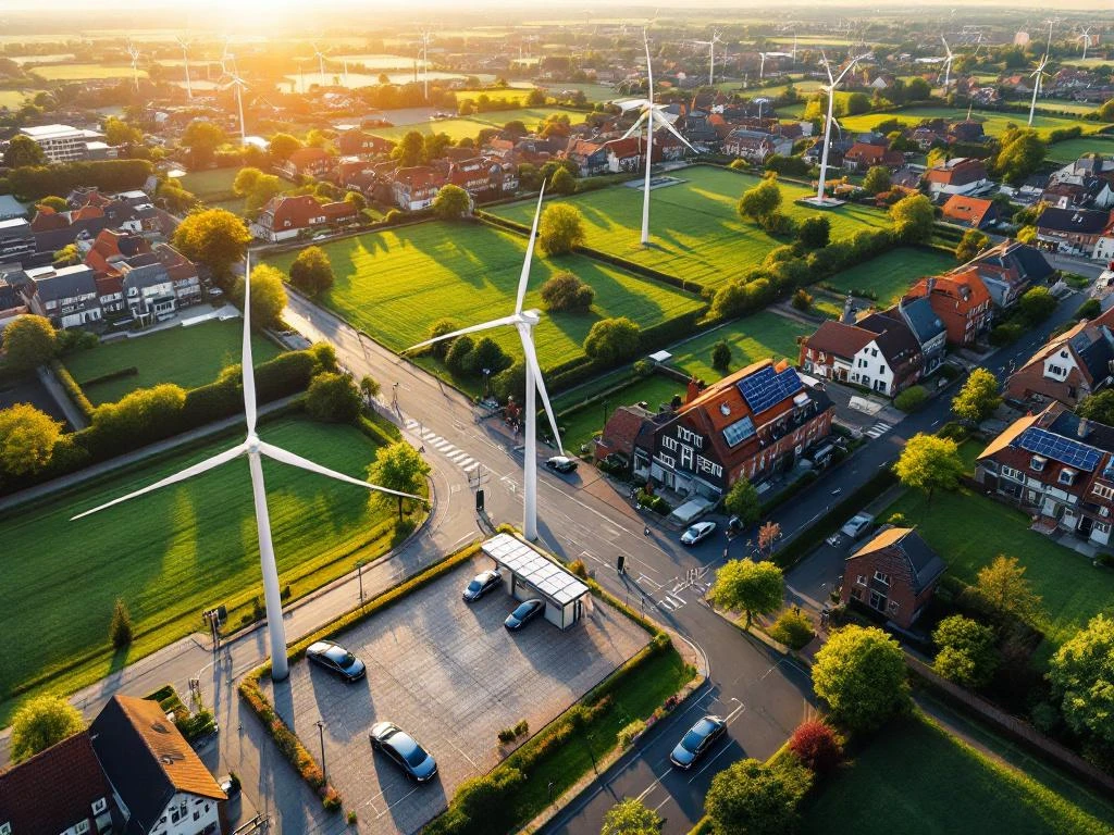 Luchtfoto Nederlandse gemeente met windmolens, zonnepanelen op daken en elektrische laadstations in duurzame energietransitie