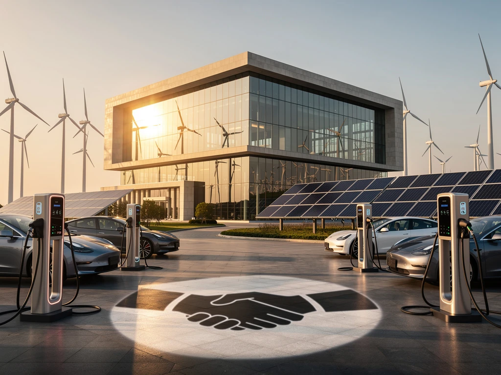 Modern overheidsgebouw met glazen gevel die windmolens en zonnepanelen reflecteert, elektrische laadstations op voorgrond