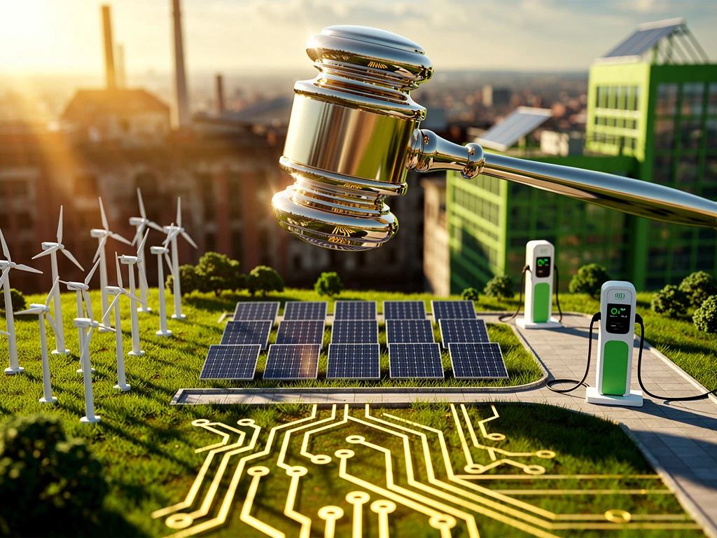 Grote hamer zweeft boven miniatuur landschap met windmolens, zonnepanelen en laadstations in gouden zonlicht