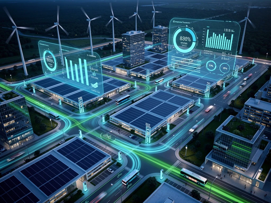Luchtfoto van slimme stad met verlichte energielijnen die windmolens, zonnepanelen en laadstations verbinden