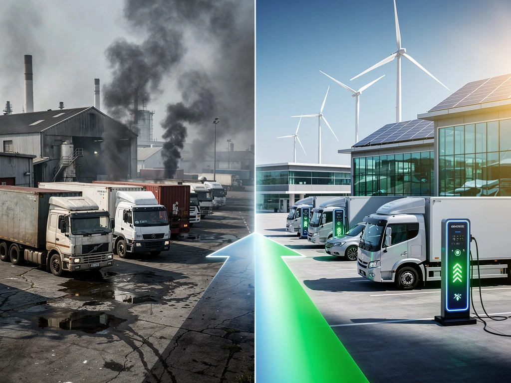 Gesplitst beeld toont overgang van dieseltrucks met uitlaatgassen naar elektrische vrachtwagens bij laadstations