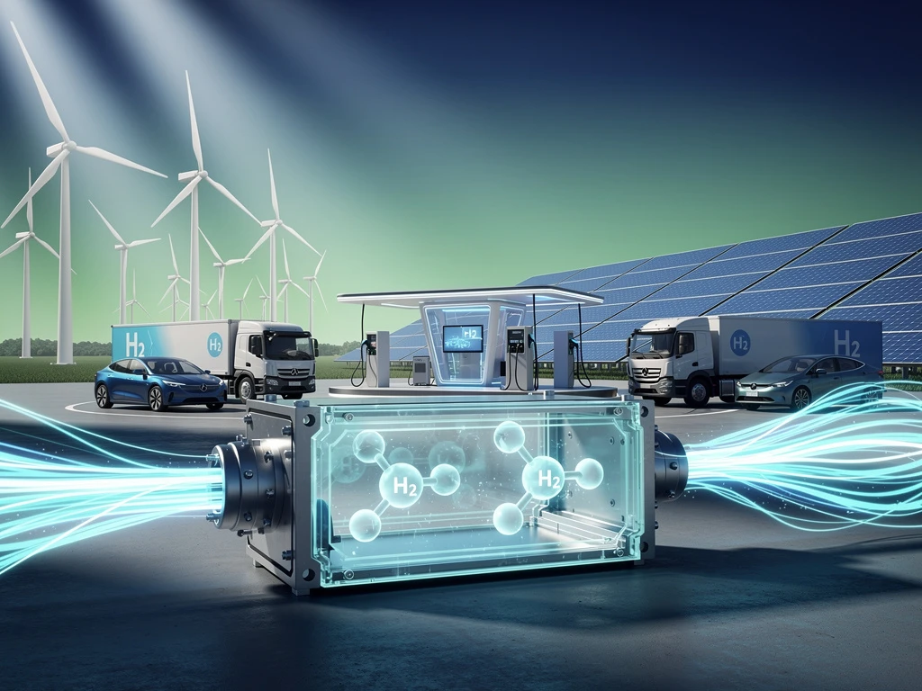 Waterstofbrandstofcel met zonnepanelen, windturbines en elektrische voertuigen in duurzame energietransitie-opstelling