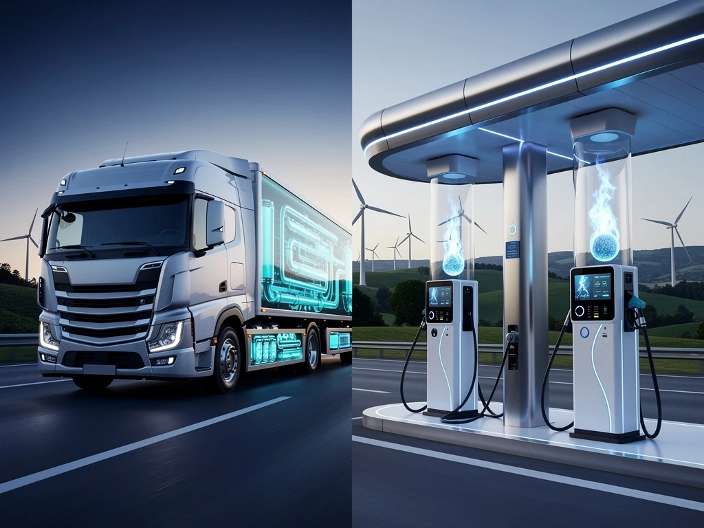 Waterstofvrachtwagen met blauwe brandstofcellen naast futuristisch tankstation op snelweg met windmolens op achtergrond