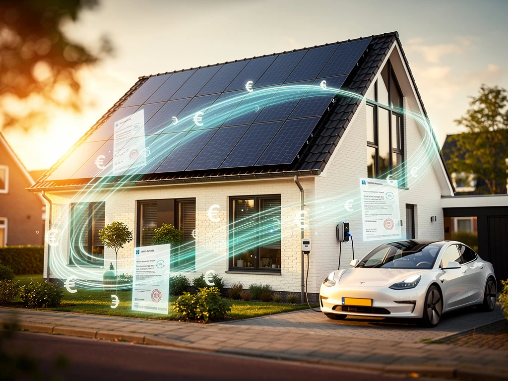 Modern Nederlands huis met zonnepanelen verbonden met elektrische auto laadpaal, verlicht door gouden zonlicht met euro symbolen