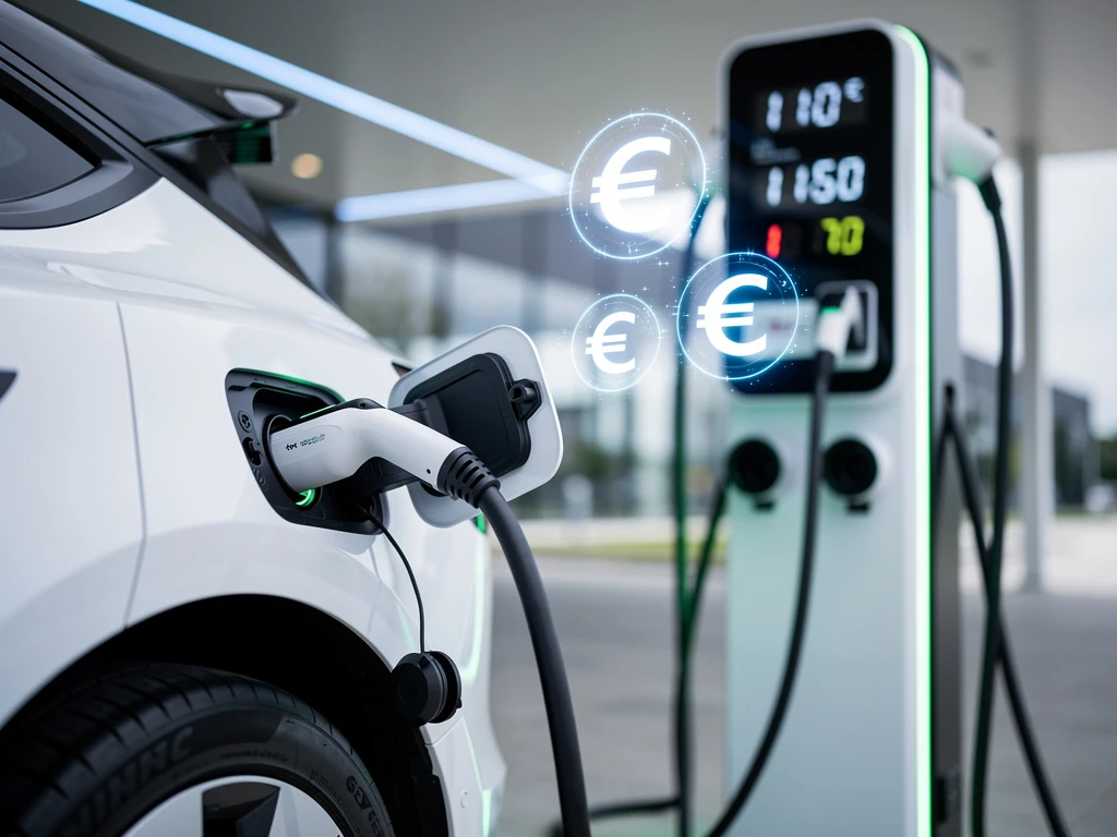 Elektrische auto wordt opgeladen met moderne kabels, digitale prijsdisplays tonen euro-tarieven bij laadstation