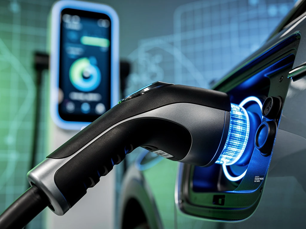 Elektrische auto oplaadpoort met aangesloten kabel en blauwe LED-indicatoren bij modern laadstation