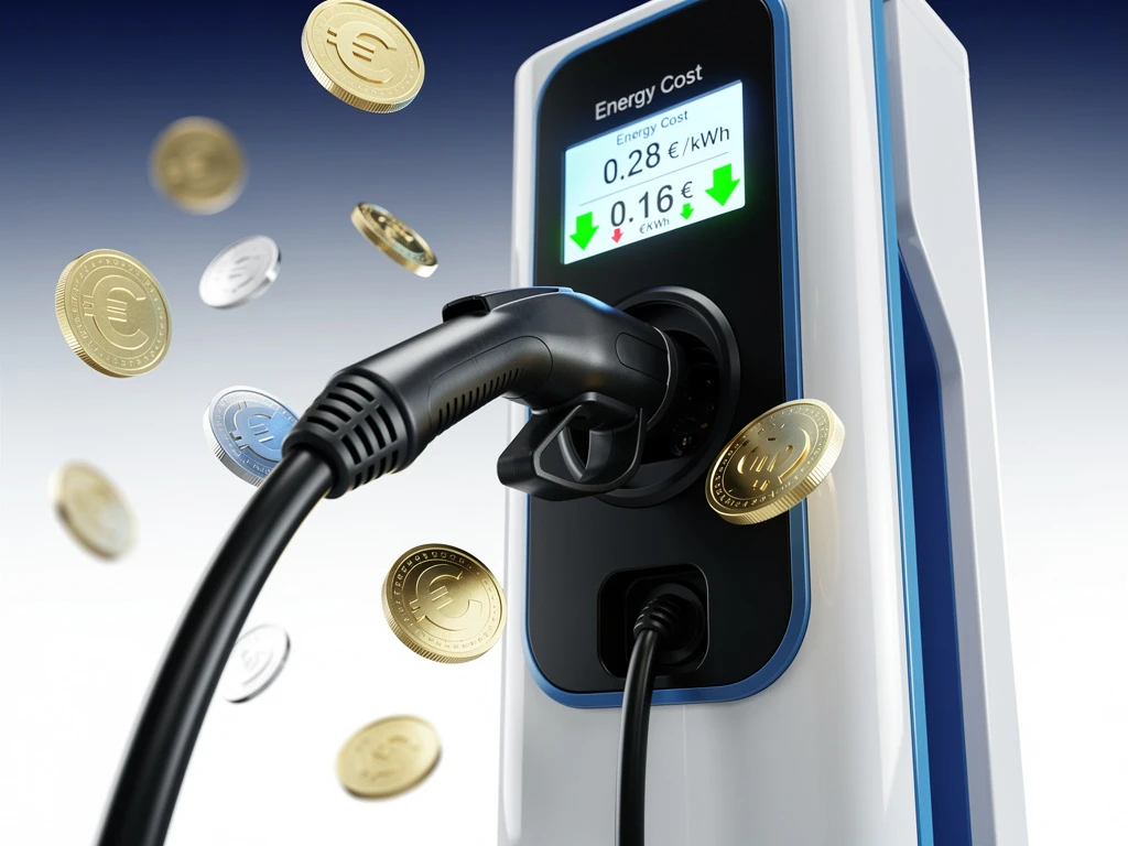 Moderne elektrische laadpaal met dalende energiekosten op digitaal display en zwevende euro-symbolen