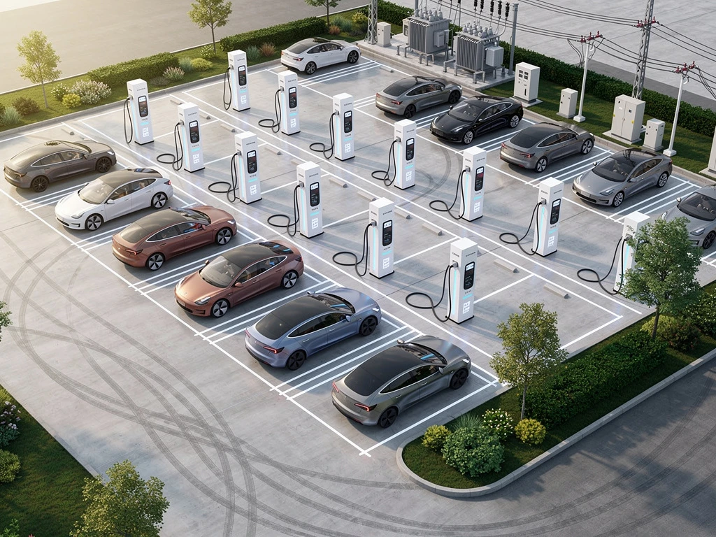 Luchtfoto van moderne elektrische auto laadstation met witte laadpalen, meerdere auto's opladen met blauwe LED-indicatoren