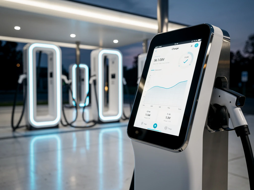 Moderne elektrische laadpaal met blauwe LED-indicatoren en digitaal bedieningspaneel op eigentijds laadplein