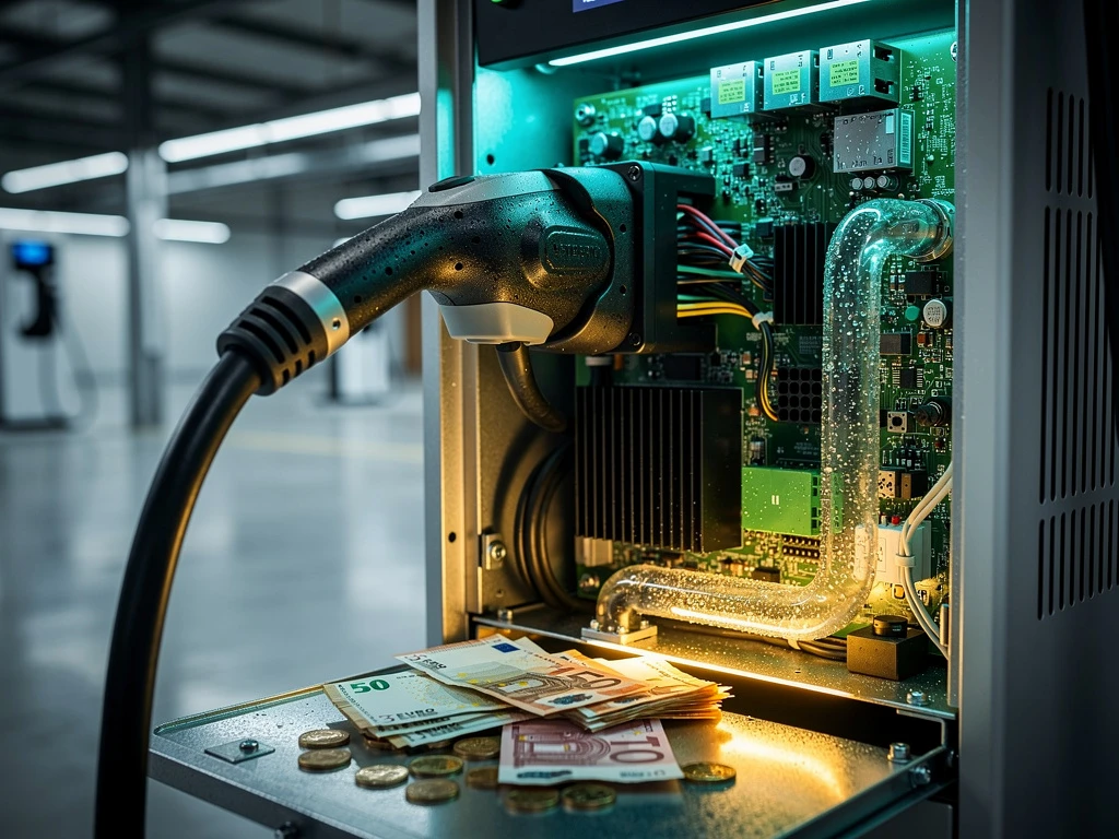 Elektrische voertuig snellaadstation met open onderhoudspanelen en Euro bankbiljetten rond de basis