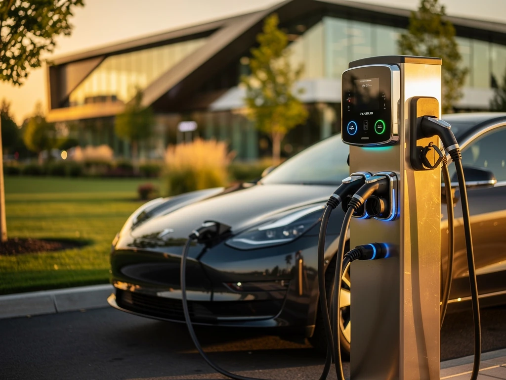 Moderne snellaadstation met meerdere poorten aangesloten op elektrische auto, gouden uurverlichting, commercieel gebouw op achtergrond