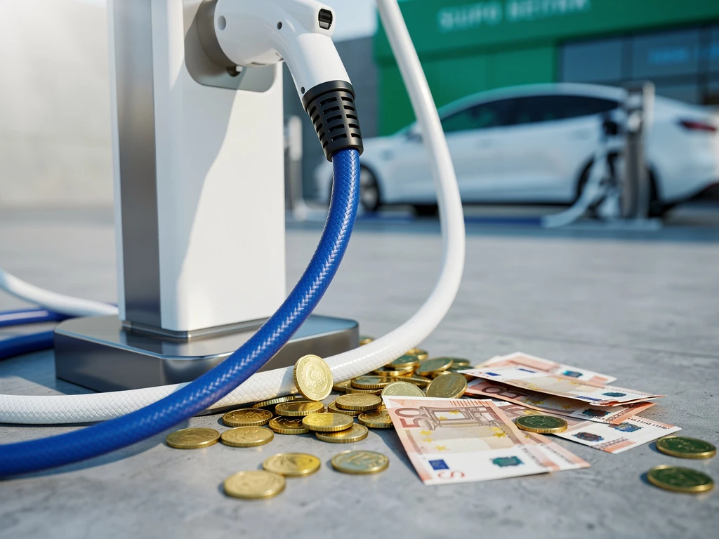 Elektrische auto oplaadstation met witte en blauwe kabels, omringd door euro munten en bankbiljetten als subsidiesymbool