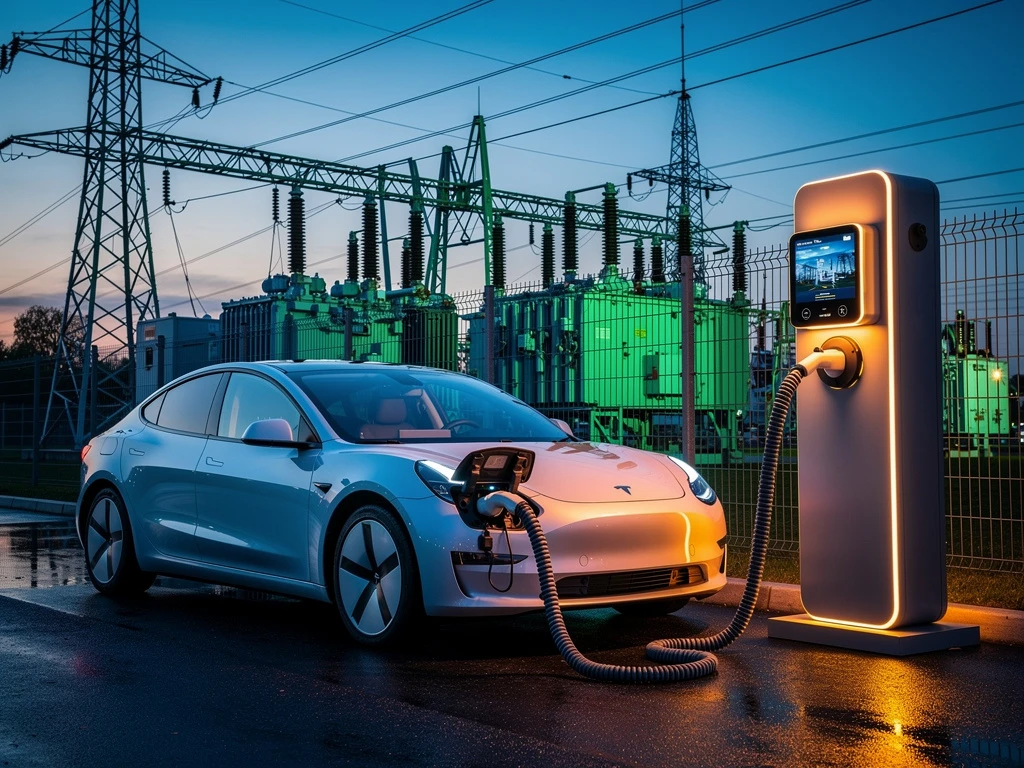 Elektrische auto laadt bij snellader met hoogspanningsinfrastructuur en transformatoren op de achtergrond