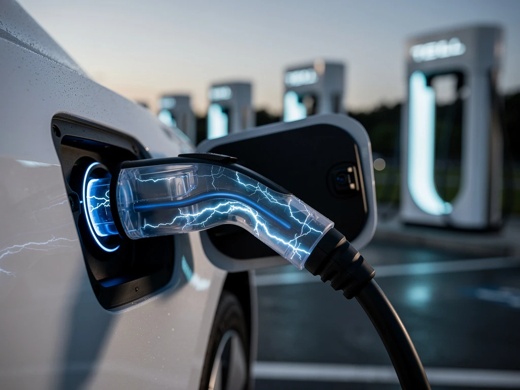 Elektrische auto oplaadpoort aangesloten op snellader met blauwe energie-effecten in modern laadplein