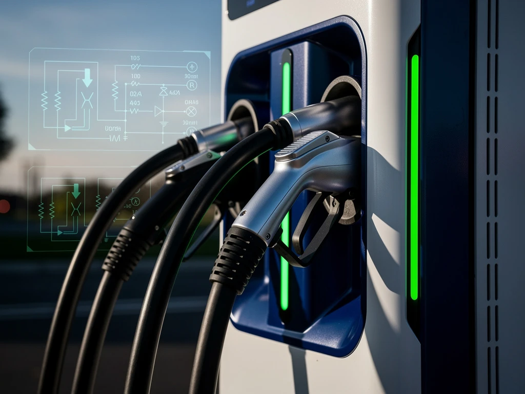 Moderne elektrische laadpaal met meerdere kabels, groene LED-indicatoren en technische schema's op de achtergrond