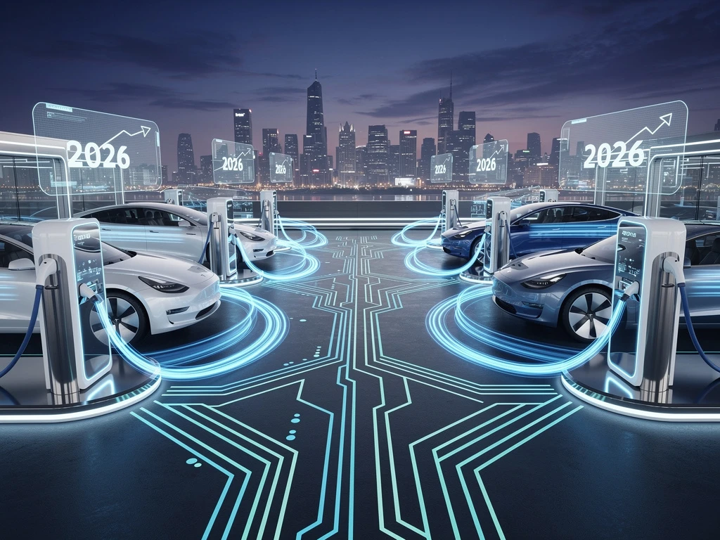 Futuristisch laadplein met witte en blauwe elektrische voertuigladers in geometrisch patroon onder schemerlicht in 2026