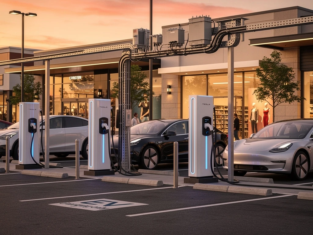 Moderne elektrische laadstations met blauwe LED-verlichting op parkeerplaats van winkelcentrum tijdens gouden uur