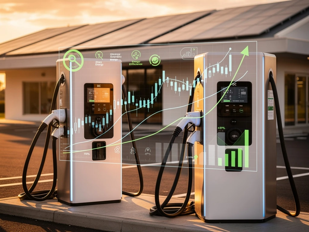 Moderne elektrische laadstation met witte laadpalen en blauwe LED-indicatoren, holografische winstgrafieken en zonnepanelen