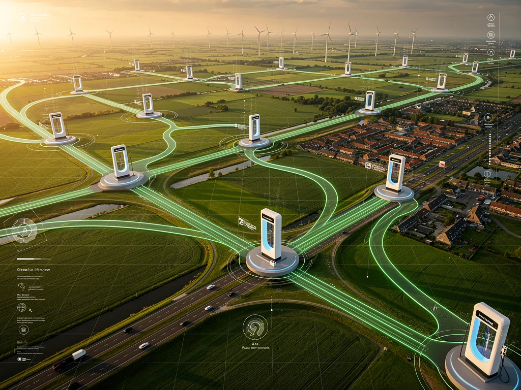 Luchtfoto van Nederlands netwerk van elektrische laadstations verbonden door groene energiepaden over landschap