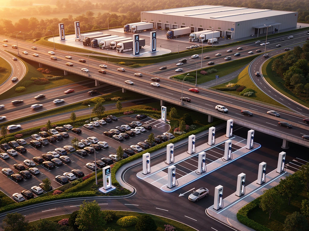 Luchtfoto van moderne snelwegknooppunt met elektrische laadstations bij winkelcentrum tijdens gouden uur