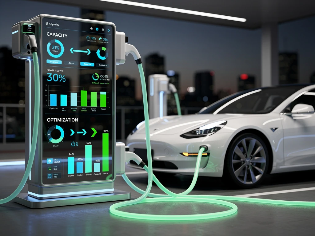 Elektrische auto wordt opgeladen bij moderne laadpaal met digitaal controlepaneel dat energiegegevens toont