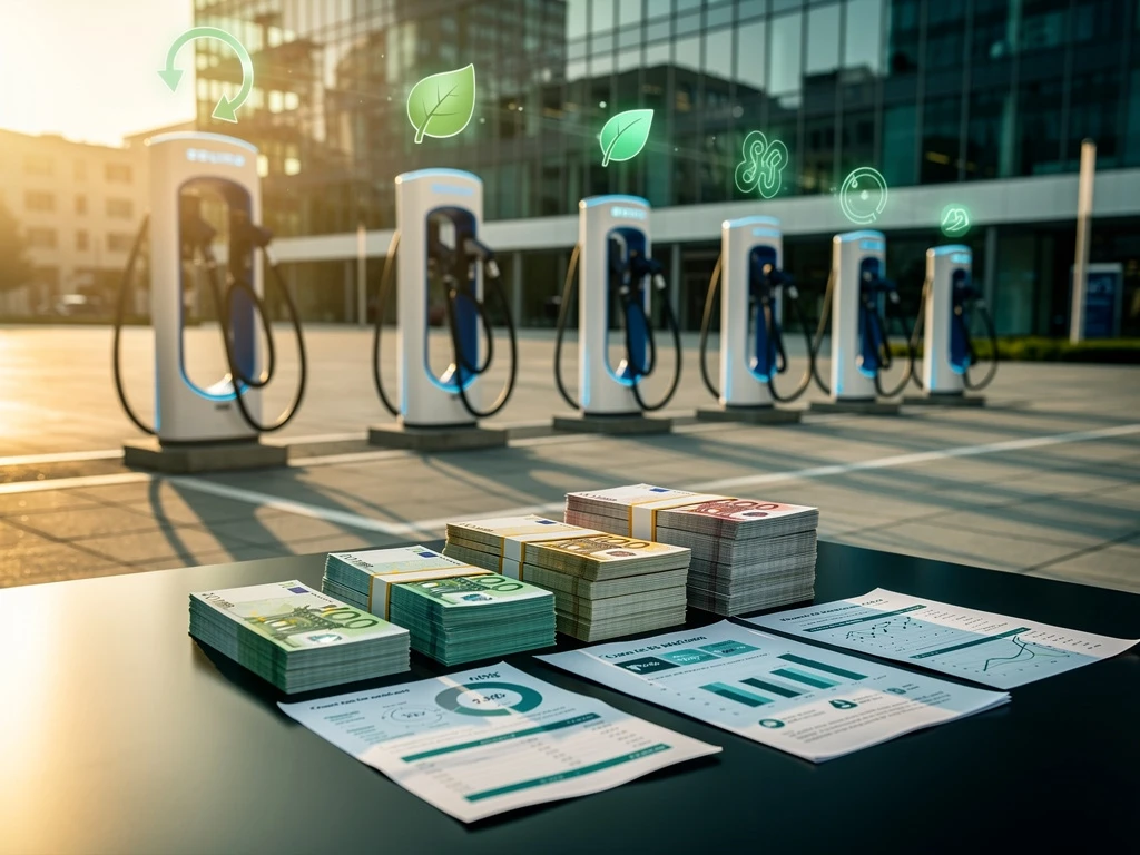 Moderne elektrische voertuig laadstation met euro bankbiljetten en financiële documenten op de voorgrond