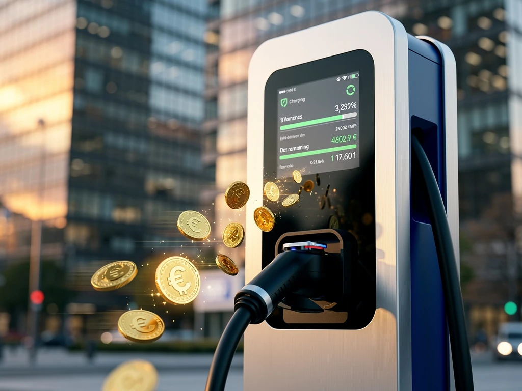Elektrische auto oplaadstation met digitaal scherm en zwevende euromunten, zakenwijk op achtergrond